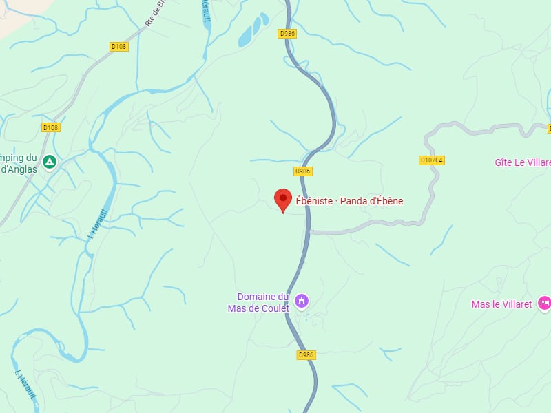 Carte : Ébéniste Panda d'Ébène, Route D986 Carte localisant Ébéniste - Panda d'Ébène près de la D986, du Camping d'Anglas et de L'Hérault.